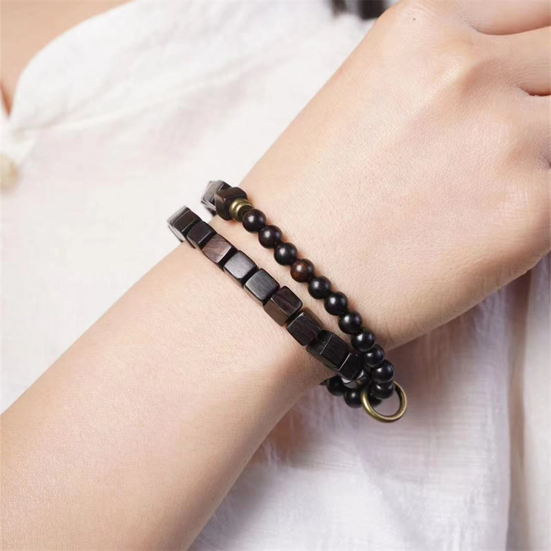 Fortune Jewel Tibet Ebony Wood Square Beads Peace Double Wrap Bracelet