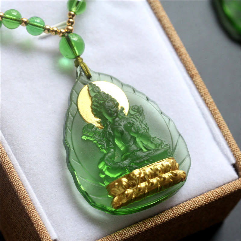 Fortune Jewel Tibetan Green Tara Buddha Gold Plated Liuli Crystal Protection Necklace Pendant Fortune Jewel