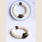 Fortune Jewel Natural Bodhi Seed Small Leaf Red Sandalwood Ebony Wood Cute Lucky Cat Wisdom Bracelet