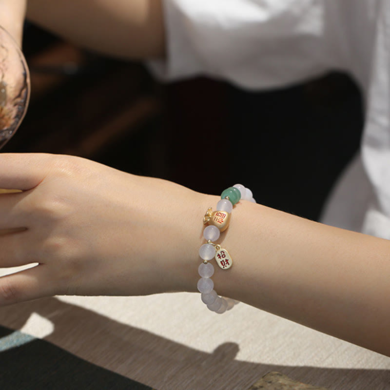 Fortune Jewel Natural White Agate Red Agate Money Bag Fu Character Four Leaf Clover Protection Bracelet