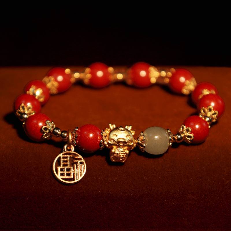 Fortune Jewel Year of the Dragon Natural Cinnabar Fu Character Charm Blessing Bracelet