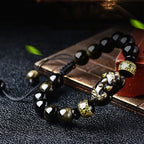 Fortune Jewel Natural Gold Sheen Obsidian PiXiu Om Mani Padme Hum Wealth Braided Bracelet