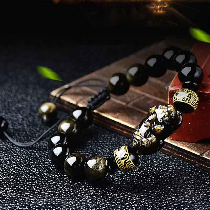 Fortune Jewel Natural Gold Sheen Obsidian PiXiu Om Mani Padme Hum Wealth Braided Bracelet