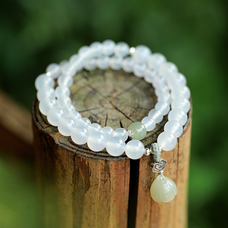 Fortune Jewel White Agate Jade Lotus Protection Bracelet