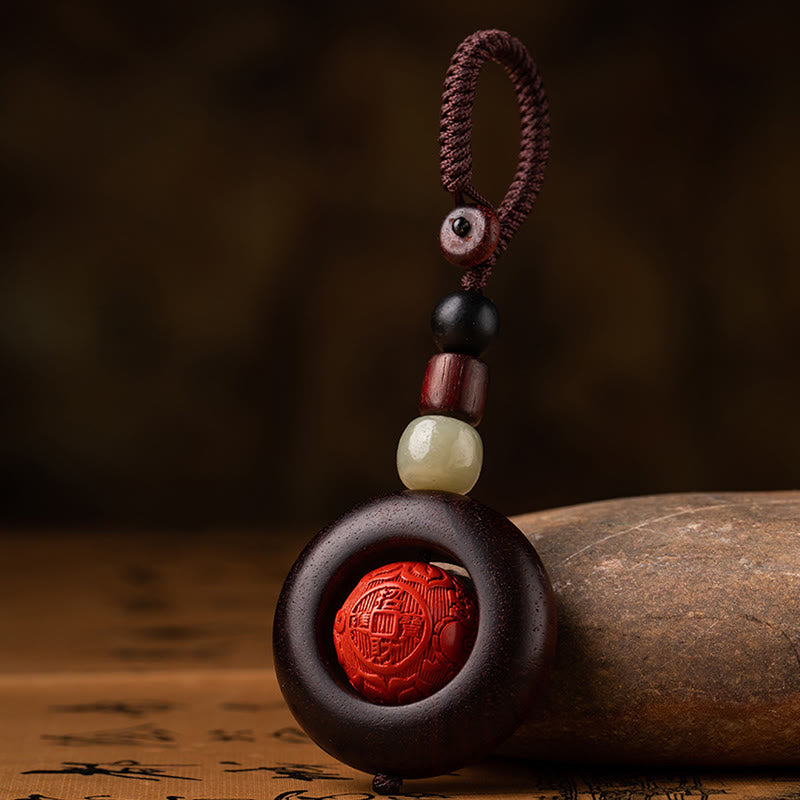 Fortune Jewel Tibet Om Mani Padme Hum PiXiu Copper Coin Small Leaf Red Sandalwood Cinnabar Protection Key Chain