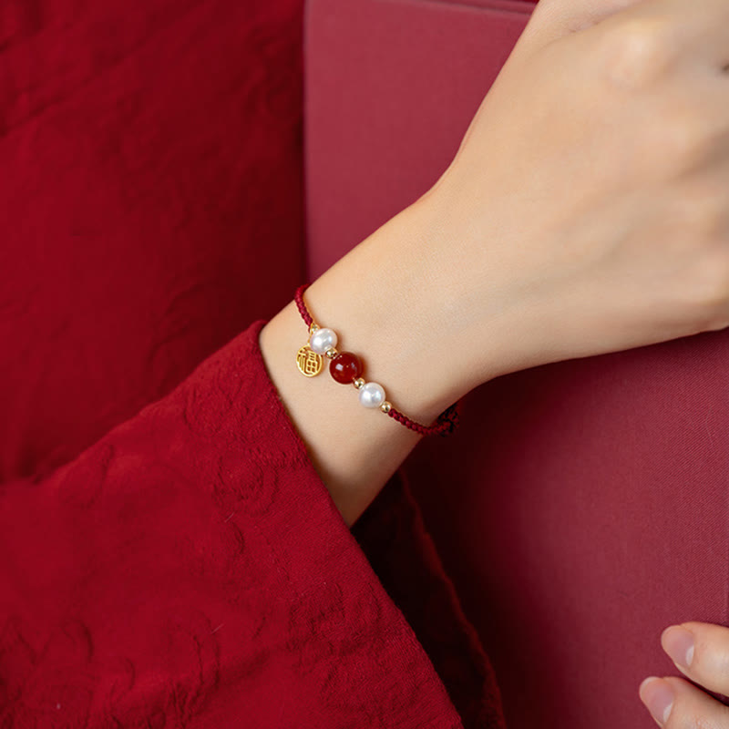 Fortune Jewel 925 Sterling Silver Good Fortune Fu Character Agate Pearl Red String Braid Bracelet