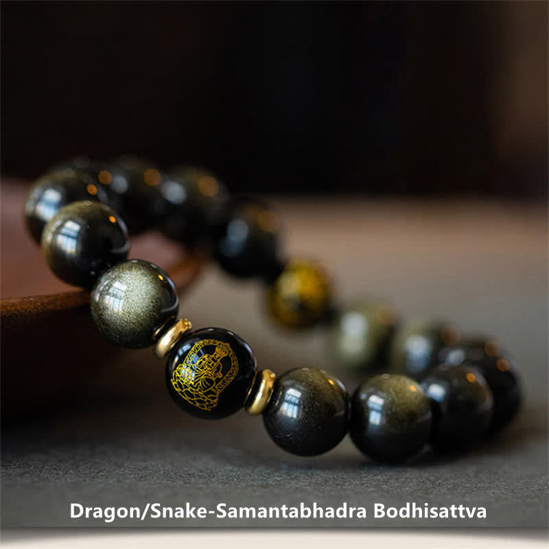 Fortune Jewel Chinese Zodiac Natal Buddha Gold Sheen Obsidian Wealth Protection Bracelet