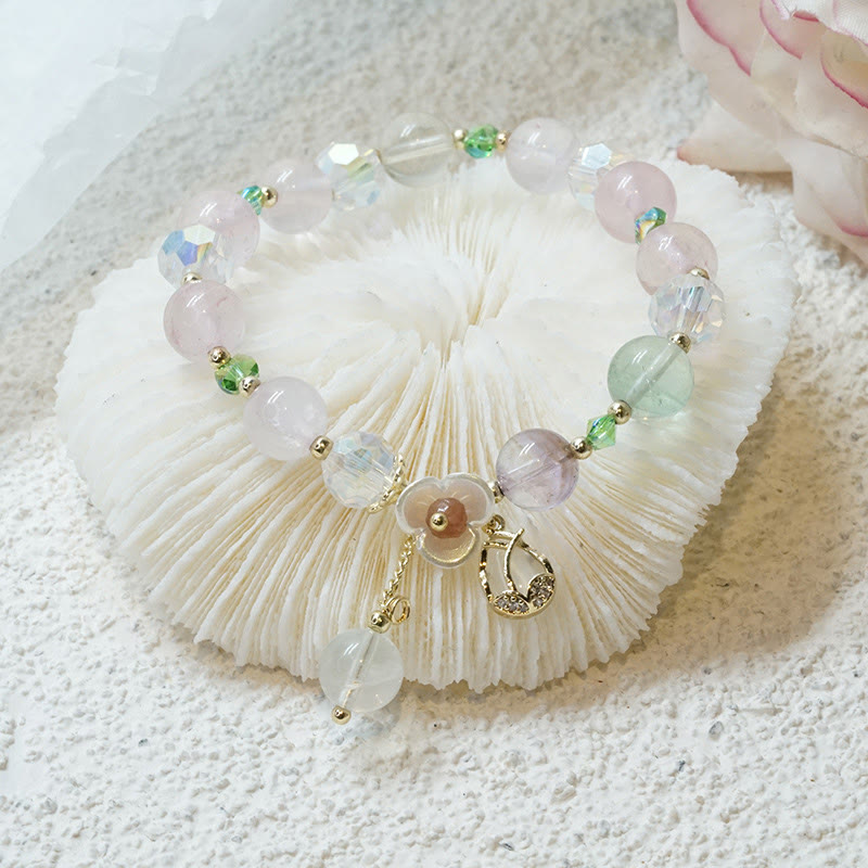 Fortune Jewel Strawberry Quartz Rutilated Quartz Fluorite Flower Healing Bracelet