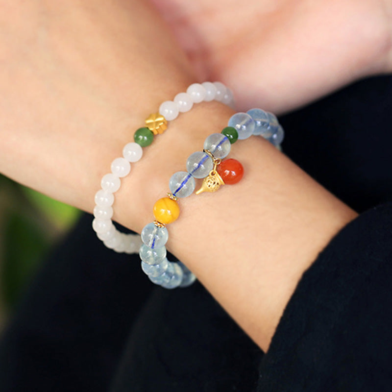 Fortune Jewel Aquamarine Red Agate Peace Gourd Charm Bracelet