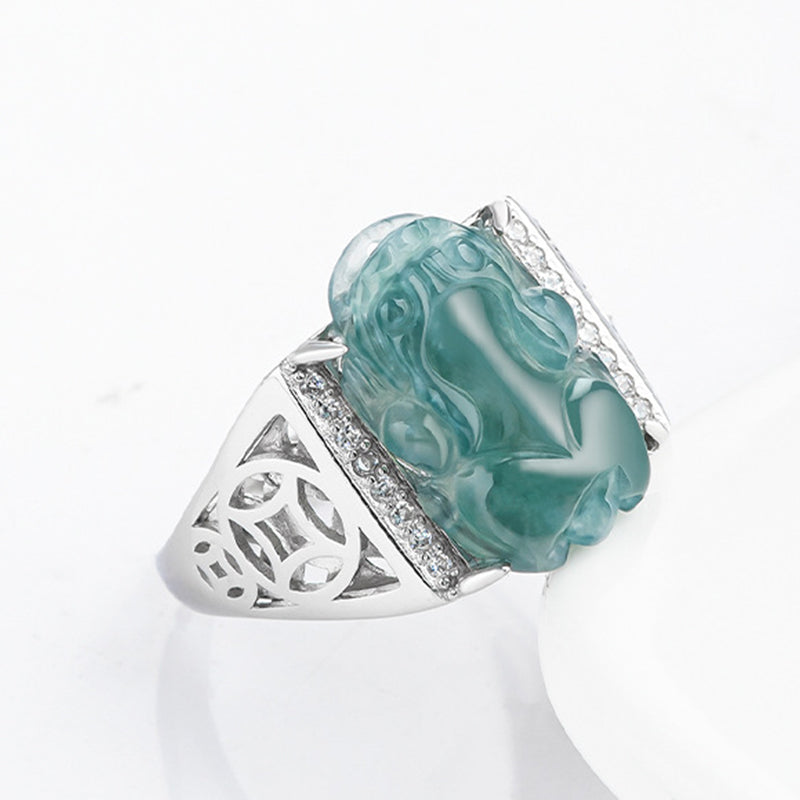 Fortune Jewel 925 Sterling Silver Fengshui Wealth Prosperity Jade PiXiu Luck Ring