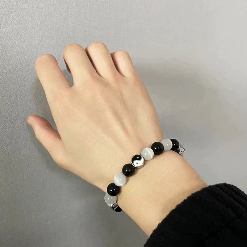 Fortune Jewel Black Obsidian Cat's Eye Yin Yang Purification Strength Bracelet