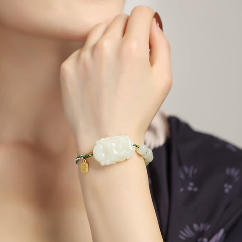 Fortune Jewel 925 Sterling Silver Chinese Zodiac Hetian Jade Happiness Luck String Bracelet