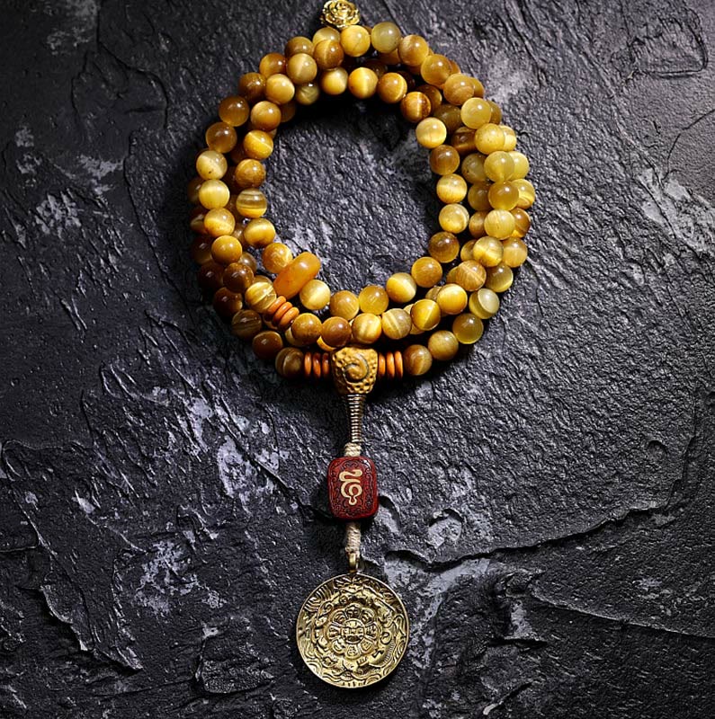 Fortune Jewel 108 Mala Beads Natural Tiger Eye Copper Dorje Protection Tassel Bracelet