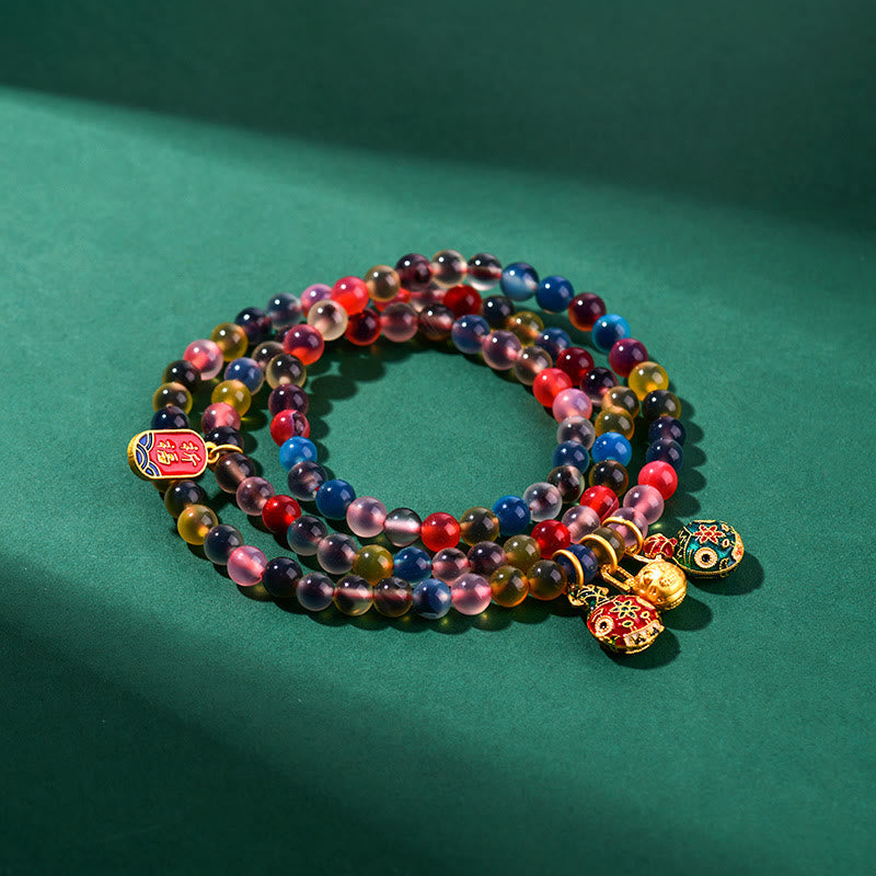 Fortune Jewel Colorful Candy Agate Gold Swallowing Beast Family Strength Charm Triple Wrap Bracelet