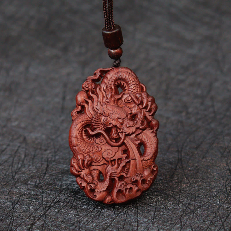 Fortune Jewel Lightning Struck Jujube Wood Double Dragon Relief Ward Off Evil Spirits Necklace Pendant