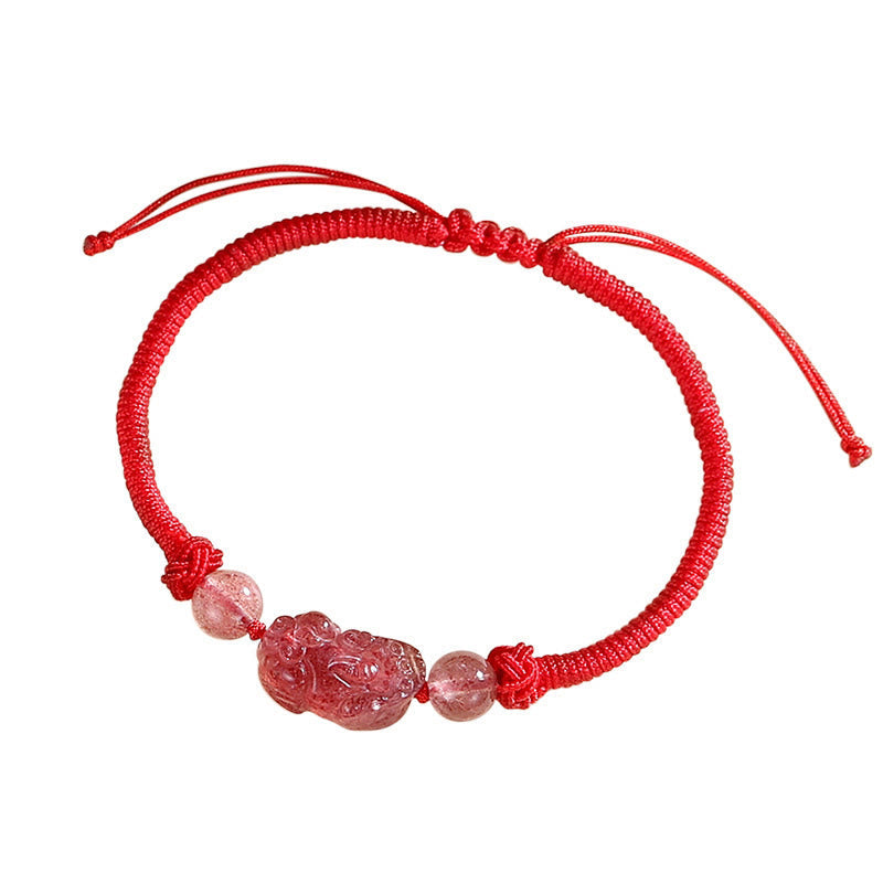 Fortune Jewel Handmade Natural Silver Sheen Obsidian Strawberry Quartz PiXiu Protection Braided Bracelet