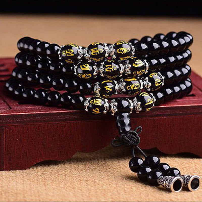 Fortune Jewel Black Obsidian Six True Words Protection Mala Bracelet