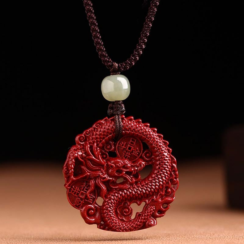Fortune Jewel Year Of The Dragon Natural Cinnabar Hetian Jade Bead Copper Coin Attract Wealth Strength Necklace Pendant