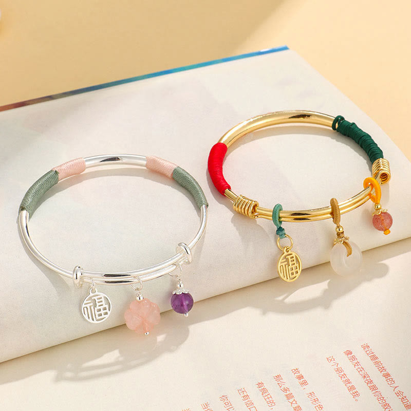 Fortune Jewel Pink Crystal Peace Buckle Lucky Flower Love Bracelet Bangle