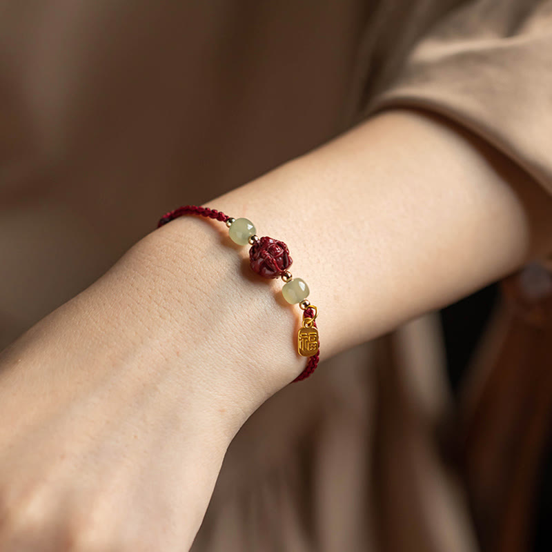 Fortune Jewel Natural Cinnabar Chinese Zodiac Hetian Jade Fu Character Luck Rope Bracelet