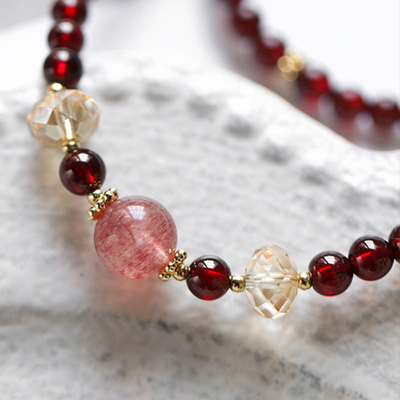 Fortune Jewel 14K Gold Plated Natural Garnet Strawberry Quartz Stability Double Wrap Bracelet