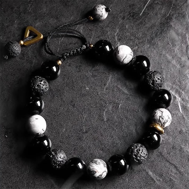 Fortune Jewel Black Obsidian Lava Rock Stone Yin Yang Strength Bracelet