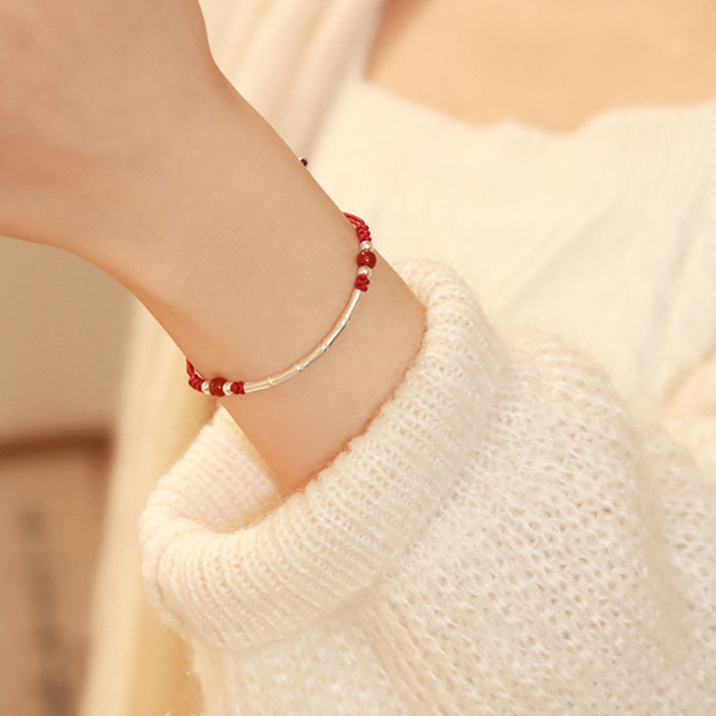Fortune Jewel 925 Sterling Silver Bamboo White Agate Red Agate Bead Protection String Braided Bracelet