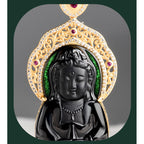 Fortune Jewel Natural Black Jade Kwan Yin Avalokitesvara Wealth Titanium Steel Chain Necklace Pendant Fortune Jewel