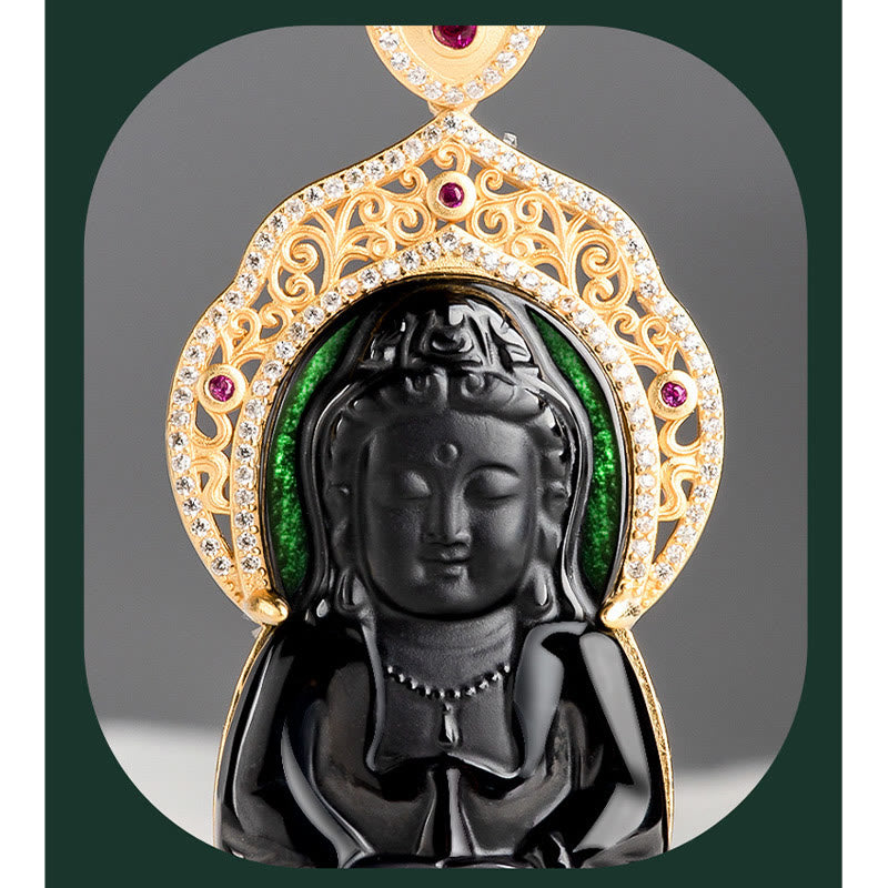 Fortune Jewel Natural Black Jade Kwan Yin Avalokitesvara Wealth Titanium Steel Chain Necklace Pendant Fortune Jewel