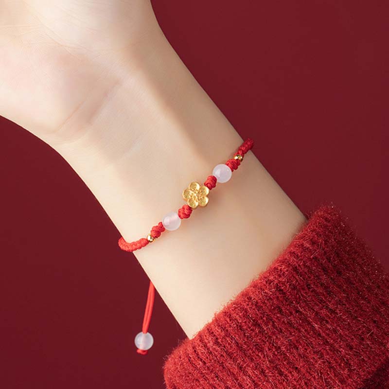 Fortune Jewel Handmade 925 Sterling Silver Peach Blossom Cherry Sakura Chalcedony Bead Luck Red Rope Bracelet