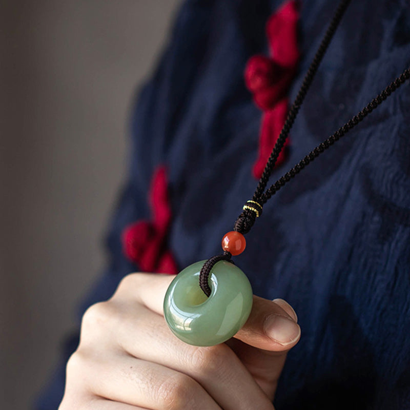 Fortune Jewel Natural Round Jade Gray Jade Peace Buckle Luck Necklace Pendant