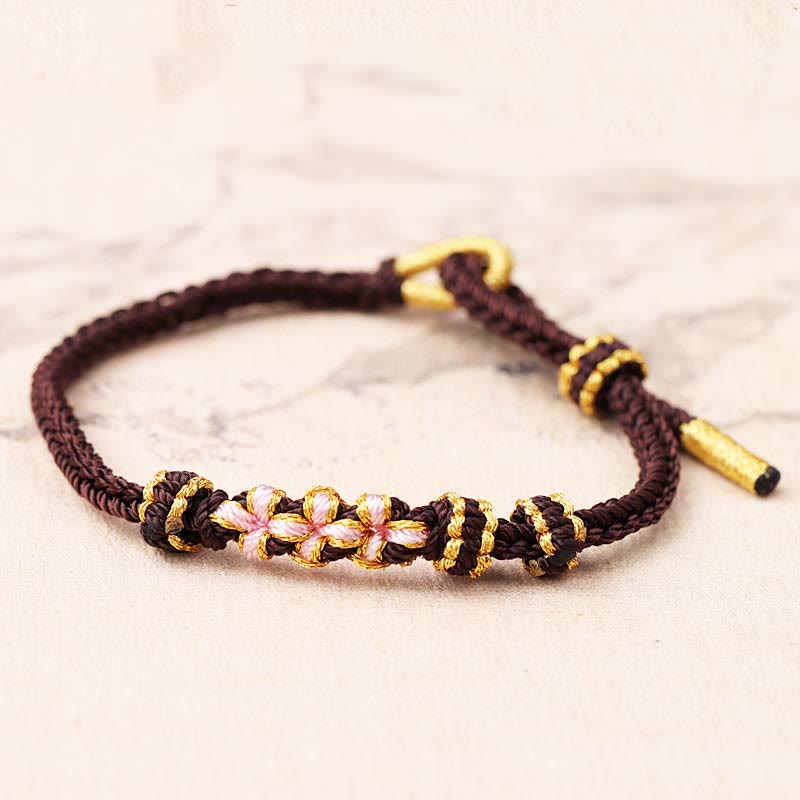 Fortune Jewel Handmade Three Peach Blossoms Luck Eight Strands Braided String Bracelet