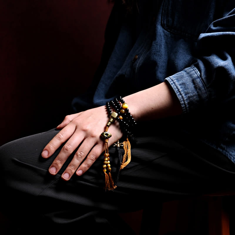 Fortune Jewel Tibetan 108 Mala Beads Black Onyx Tiger Eye Beads Nine Palaces Bagua Protection Bracelet
