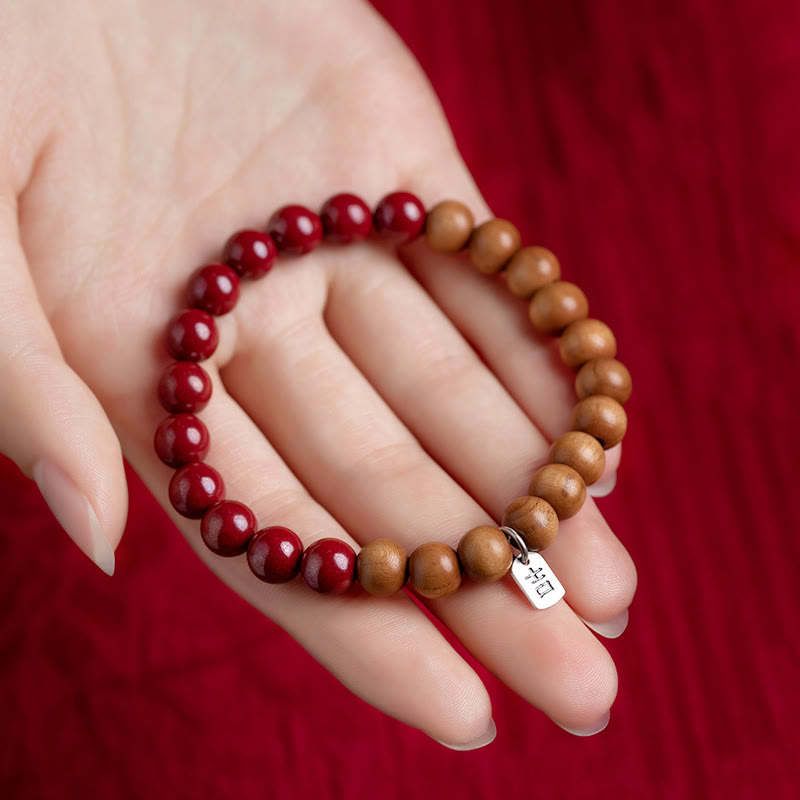 Fortune Jewel 925 Sterling Silver Peach Wood Cinnabar Ward Off Evil Spirits Bracelet