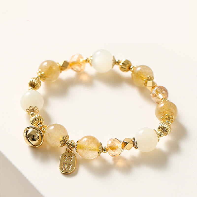 Fortune Jewel 14K Gold Plated Golden Rutilated Quartz Wealth Bell Lucky Fortune Charm Bracelet