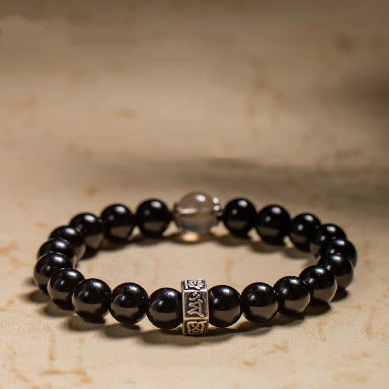Fortune Jewel Chinese Zodiac Natal Buddha 925 Sterling Silver Black Obsidian Moonstone Strength Bracelet
