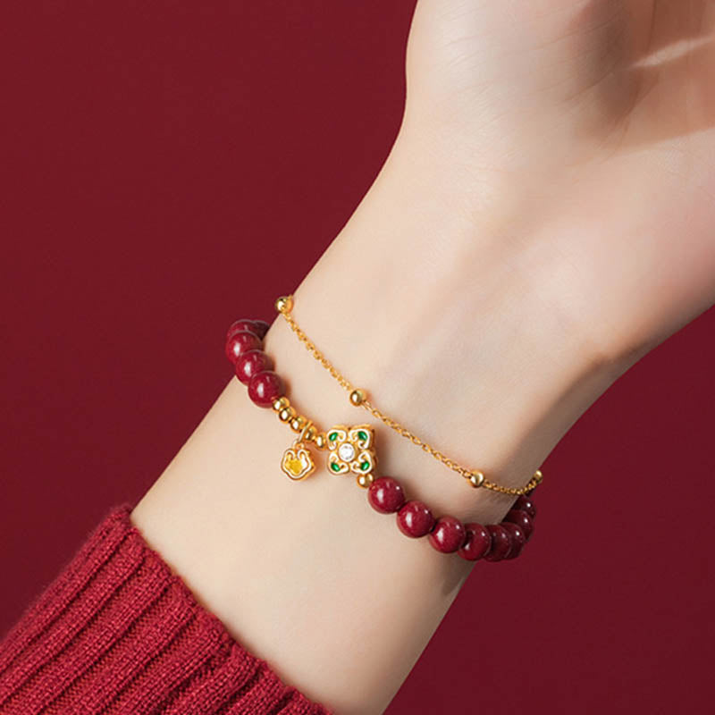 Fortune Jewel 925 Sterling Silver Natural Cinnabar Four Leaf Clover Flower Blessing Chain Bracelet