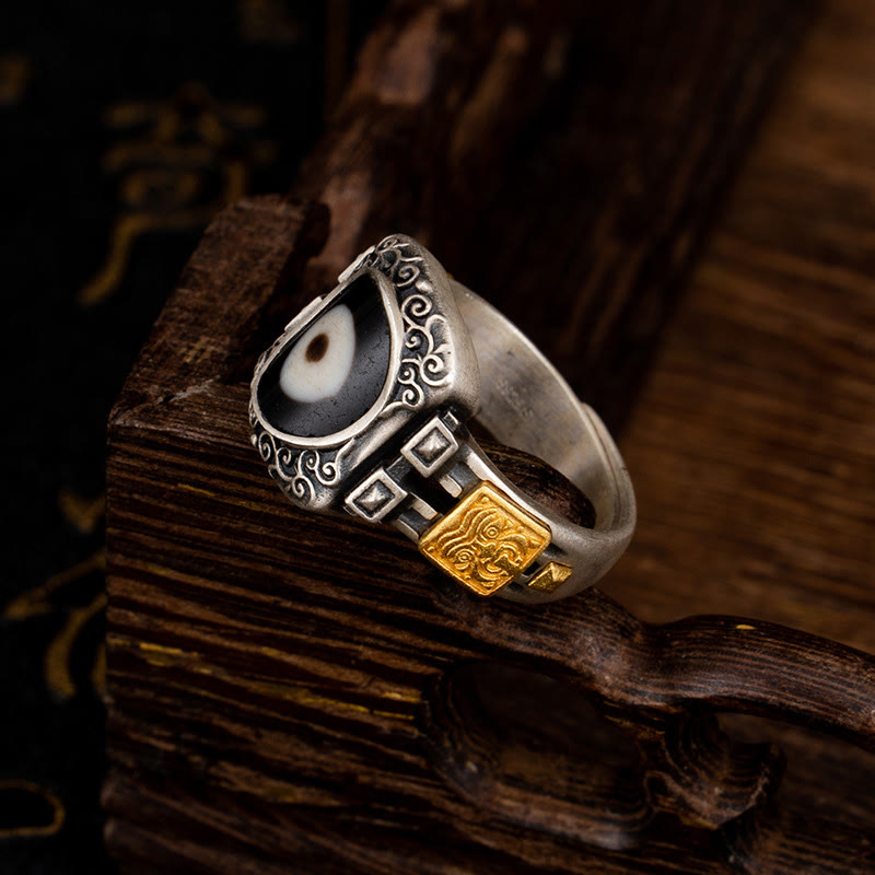 Fortune Jewel 925 Sterling Silver Zakiram Goddess of Wealth Design Dzi Bead Protection Ring