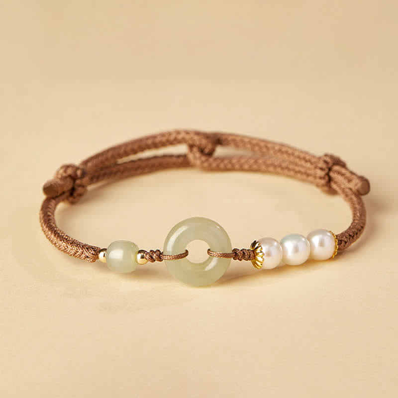 Fortune Jewel Natural Hetian Jade Pearl Peace Buckle Luck Bracelet