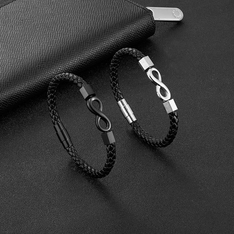 Fortune Jewel Endless Knot Titanium Steel Infinity Leather Weave Balance Bracelet