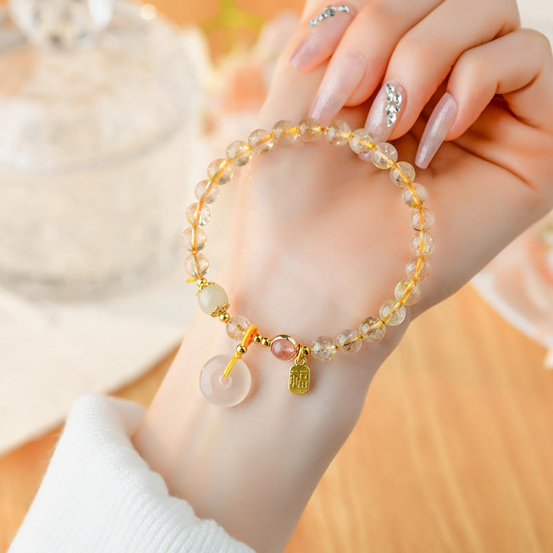 Fortune Jewel Natural Golden Rutilated Quartz Fu Character Peace Buckle Charm Wealth Bracelet