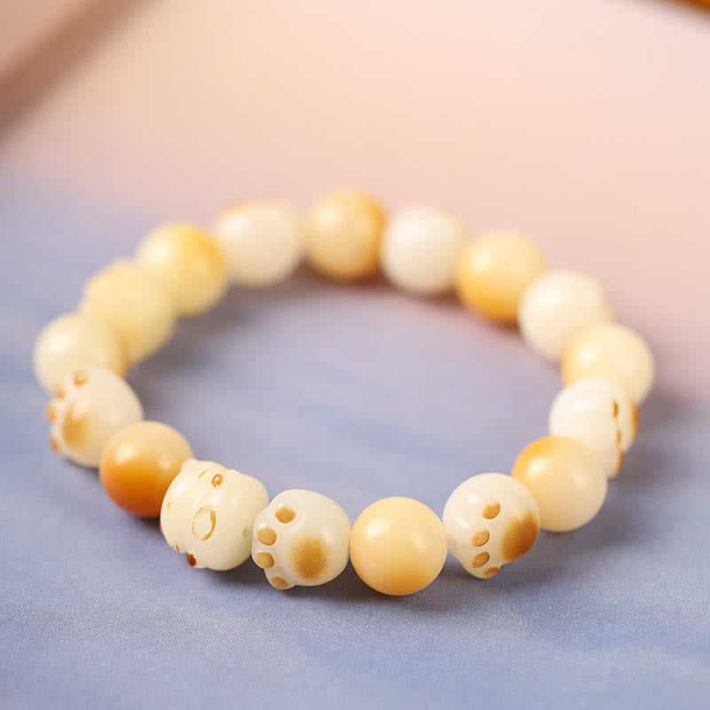 Fortune Jewel Natural Bodhi Seed Sandalwood Lucky Cute Cat Head Paw Claw Peace Bracelet
