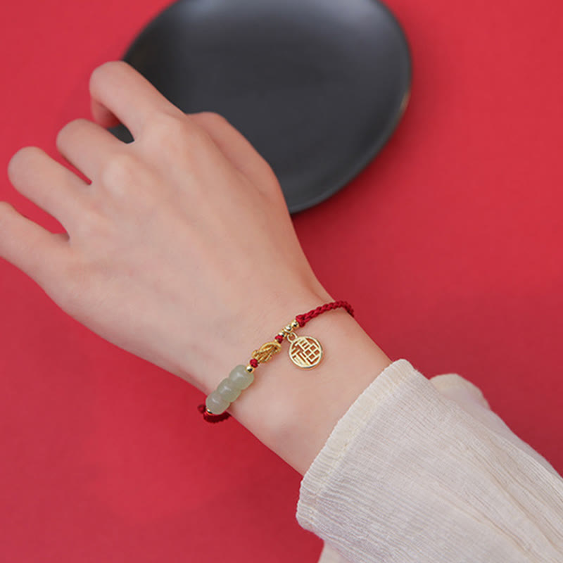 Fortune Jewel Handcrafted Jade Bead Fu Character Charm Luck Red Rope Bracelet