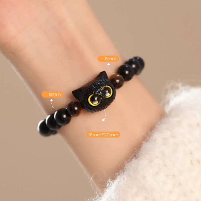 Fortune Jewel Cute Ebony Wood Cat Head Pattern Peace Bracelet