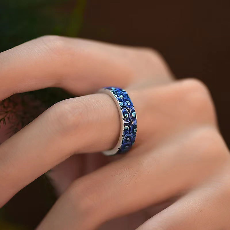 Fortune Jewel Blue Auspicious Clouds Design Healing Copper Adjustable Ring