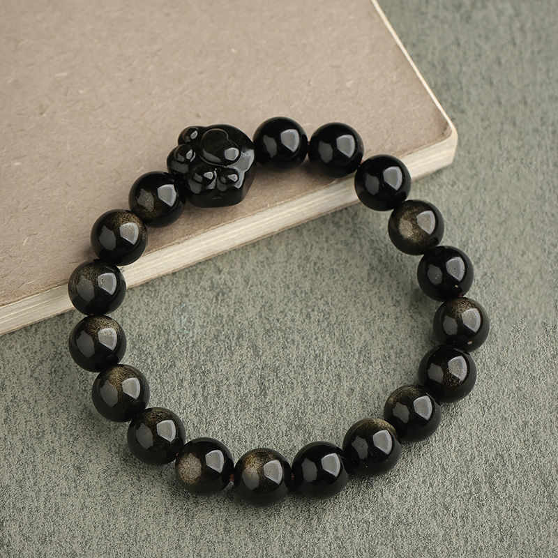 Fortune Jewel Gold Sheen Obsidian Silver Sheen Obsidian Lovely Paw Lucky Cat Protection Bracelet