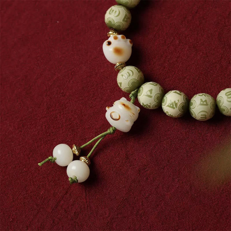 Fortune Jewel Green Bodhi Seed Cat Paw Om Mani Padme Hum Engraved Wisdom Bracelet