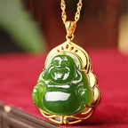 Fortune Jewel 925 Sterling Silver Natural Hetian Cyan Jade Laughing Buddha 18K Gold Healing Necklace Chain Pendant Fortune Jewel