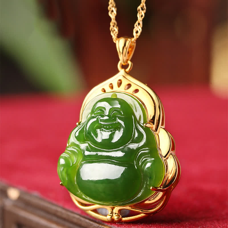 Fortune Jewel 925 Sterling Silver Natural Hetian Cyan Jade Laughing Buddha 18K Gold Healing Necklace Chain Pendant Fortune Jewel