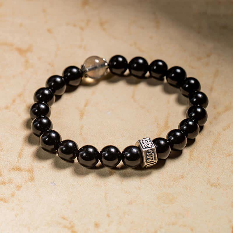 Fortune Jewel Chinese Zodiac Natal Buddha 925 Sterling Silver Black Obsidian Moonstone Strength Bracelet